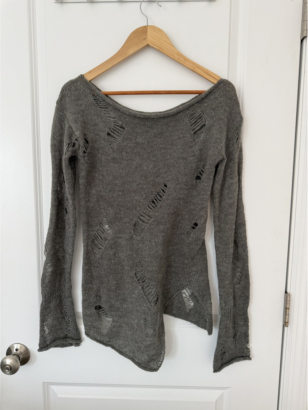 Gray Distressed Long Sleeve Knit Sweater with Ripped Details